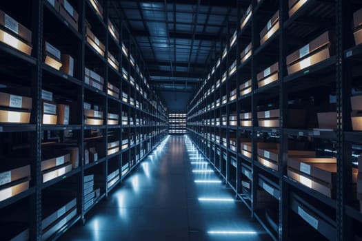 In the digital age, e-commerce has become a major force in the business world. This sleek and modern e-commerce warehouse is at the cutting edge of the online retail revolution, with automated sorting systems, robots, and other advanced technologies making it possible to process and ship orders with lightning efficiency. Shelves are stacked high with a dizzying array of products, from books to electronics to fashion accessories. (generative AI)