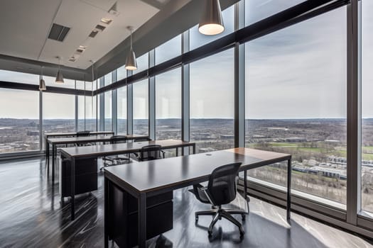 The sleek and modern world of the office is on display in this workspace scene. The high contrast and vibrant colors create a dynamic environment, while the expansive view provides an inspiring backdrop for those hard at work. (generative AI)