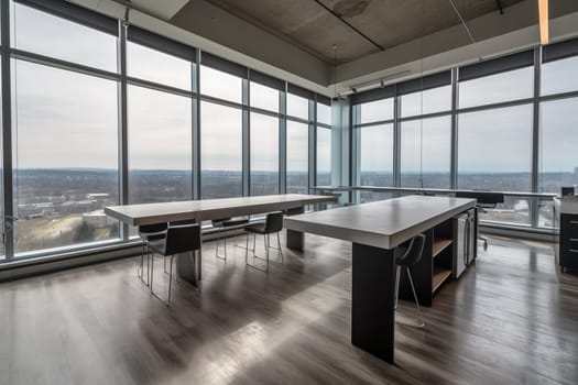 The sleek and modern world of the office is on display in this workspace scene. The high contrast and vibrant colors create a dynamic environment, while the expansive view provides an inspiring backdrop for those hard at work. (generative AI)