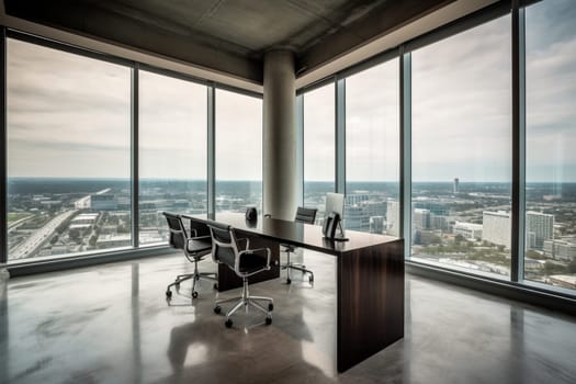 The sleek and modern world of the office is on display in this workspace scene. The high contrast and vibrant colors create a dynamic environment, while the expansive view provides an inspiring backdrop for those hard at work. (generative AI)
