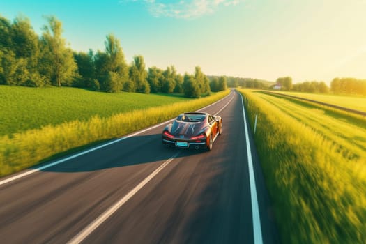 A sleek electric car glides smoothly along an idyllic countryside road, surrounded by green fields and rolling hills. The car is eco-friendly and cutting-edge, with an aerodynamic design and efficient battery technology. The driver enjoys the peaceful and rejuvenating scenery around them. (generative AI)
