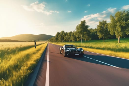 A sleek electric car glides smoothly along an idyllic countryside road, surrounded by green fields and rolling hills. The car is eco-friendly and cutting-edge, with an aerodynamic design and efficient battery technology. The driver enjoys the peaceful and rejuvenating scenery around them. (generative AI)