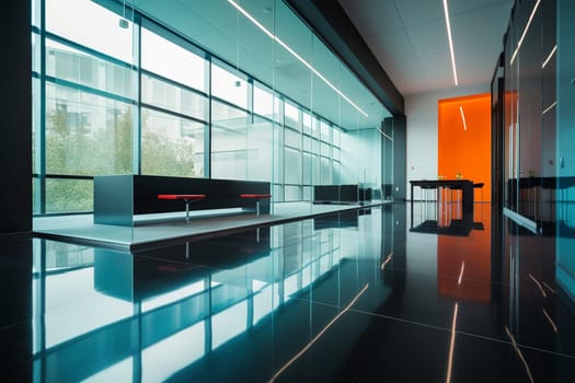 The modern corporation demands a workspace that reflects its values of efficiency, innovation, and sophistication. This sleek corporate headquarters features glass walls, high ceilings, and a minimalist design that allows for fluid collaboration and maximum productivity. Whether you're a CEO or an entry-level employee, this space is designed for success. (generative AI)
