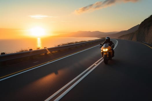 A stunning electric motorcycle makes its way along a winding coastal road at sunset. The sleek design of the bike blends effortlessly with the stunning natural scenery, as the last rays of sunlight illuminate the rugged coastline in the background. (generative AI)