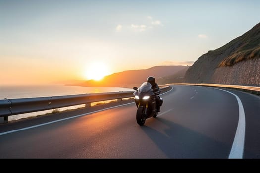 A stunning electric motorcycle makes its way along a winding coastal road at sunset. The sleek design of the bike blends effortlessly with the stunning natural scenery, as the last rays of sunlight illuminate the rugged coastline in the background. (generative AI)