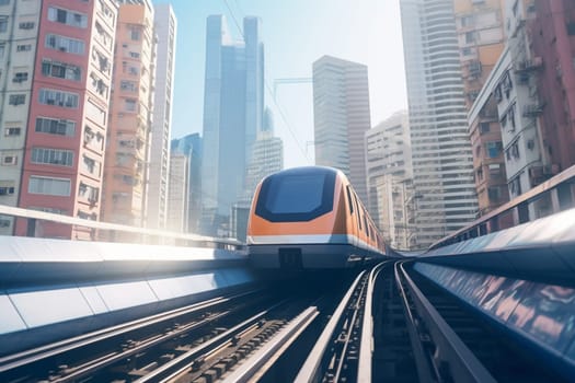A high-tech monorail system races along a gleaming steel track, soaring high above the busy streets and buildings of a crowded urban metropolis. Passengers enjoy the unparalleled views of the cityscape sprawled out beneath them, while the monorail's advanced technology ensures a smooth, efficient ride. (generative AI)