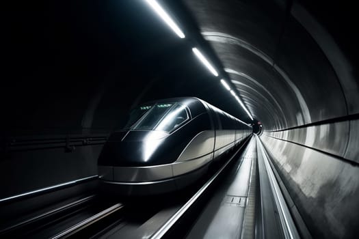 A state-of-the-art maglev train zooms through an underground tunnel at breakneck speed, creating a stunning contrast between the sleek futuristic design of the train and the dark, industrial aesthetic of the tunnel. The sheer speed and power of the train are truly awe-inspiring. (generative AI)