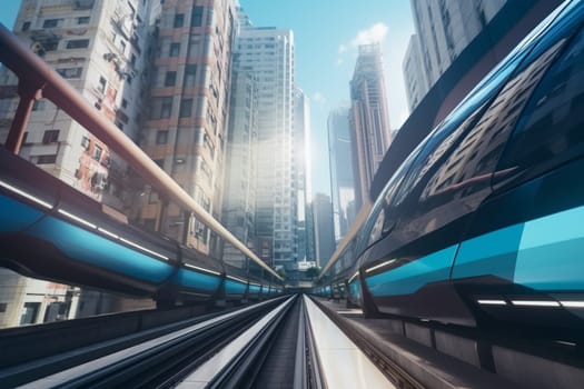 A high-tech monorail system races along a gleaming steel track, soaring high above the busy streets and buildings of a crowded urban metropolis. Passengers enjoy the unparalleled views of the cityscape sprawled out beneath them, while the monorail's advanced technology ensures a smooth, efficient ride. (generative AI)