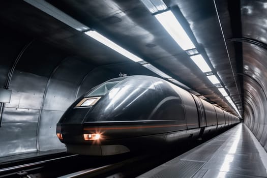 A state-of-the-art maglev train zooms through an underground tunnel at breakneck speed, creating a stunning contrast between the sleek futuristic design of the train and the dark, industrial aesthetic of the tunnel. The sheer speed and power of the train are truly awe-inspiring. (generative AI)