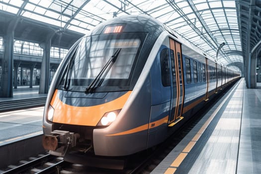 An ultra-modern commuter train arrives in a bustling city center, its aerodynamic design exuding a sense of speed and efficiency. The station is busy with commuters rushing to get on board, while the train's attendants ensure that everyone is safe and comfortable. (generative AI)