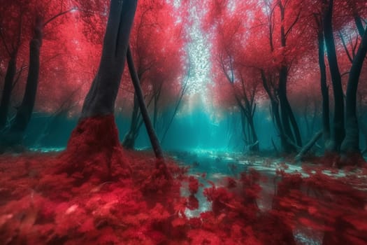 The surreal and dreamy photo of a vibrant red forest landscape, floating in the middle of the ocean, captured in photorealistic detail with sharp focus. The photograph from a panoramic perspective captures the vibrancy of the colors and the beauty of the dreamy landscape. (generative AI)