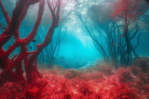 The surreal and dreamy photo of a vibrant red forest landscape, floating in the middle of the ocean, captured in photorealistic detail with sharp focus. The photograph from a panoramic perspective captures the vibrancy of the colors and the beauty of the dreamy landscape. (generative AI)