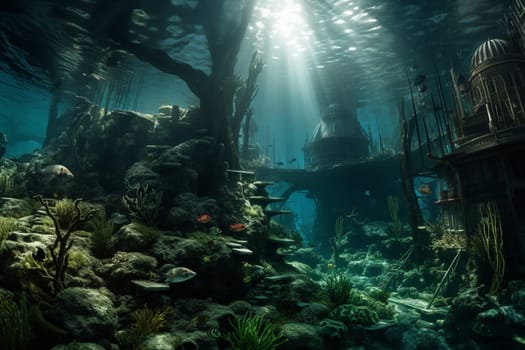 Explore a surreal underwater cityscape nestled amongst the ocean's deep. The photorealistic rendering captures every detail of this fantastical landscape, while the high contrast adds to the otherworldly quality of the scene. (generative AI)