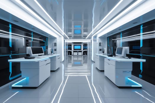 The epitome of cutting-edge technology and innovation, this sleek office space is designed for high-performance productivity and efficiency. Polished steel, gleaming glass, and state-of-the-art equipment create an atmosphere of sophistication and style, while advanced AI technology streamlines the workday for maximum output. (generative AI)