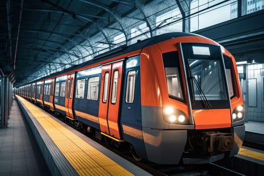 An ultra-modern commuter train arrives in a bustling city center, its aerodynamic design exuding a sense of speed and efficiency. The station is busy with commuters rushing to get on board, while the train's attendants ensure that everyone is safe and comfortable. (generative AI)
