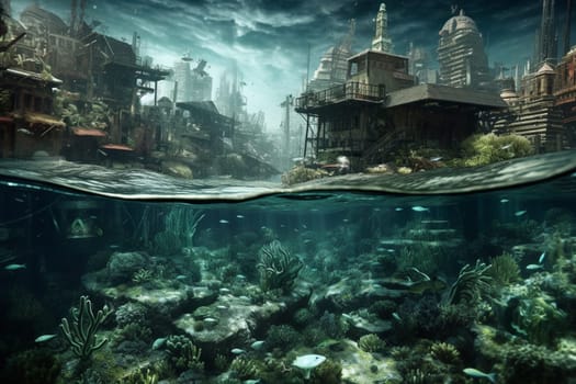 Explore a surreal underwater cityscape nestled amongst the ocean's deep. The photorealistic rendering captures every detail of this fantastical landscape, while the high contrast adds to the otherworldly quality of the scene. (generative AI)