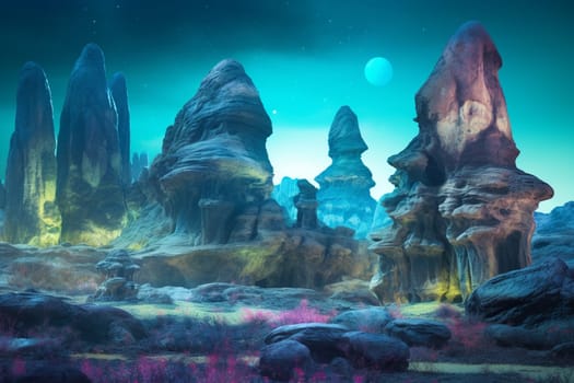 A photographer captures the surreal beauty of a landscape that seems plucked from a dream. Towering rock formations dominate the scene, while bioluminescent flora adds an otherworldly quality. The photographer captures the vivid colors and intricate textures of this surreal landscape. (generative AI)