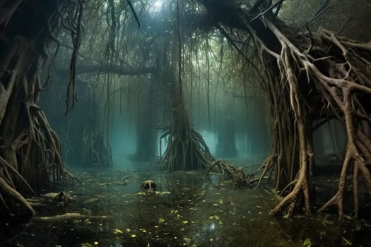 Immerse yourself in a surreal underwater forest where towering trees sway with the ebb and flow of the ocean. The photorealistic rendering captures every detail of this fantastical landscape, while the sharp focus brings the scene to life. (generative AI)