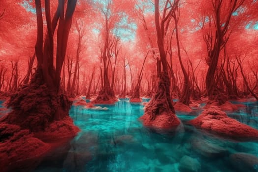 The surreal and dreamy photo of a vibrant red forest landscape, floating in the middle of the ocean, captured in photorealistic detail with sharp focus. The photograph from a panoramic perspective captures the vibrancy of the colors and the beauty of the dreamy landscape. (generative AI)