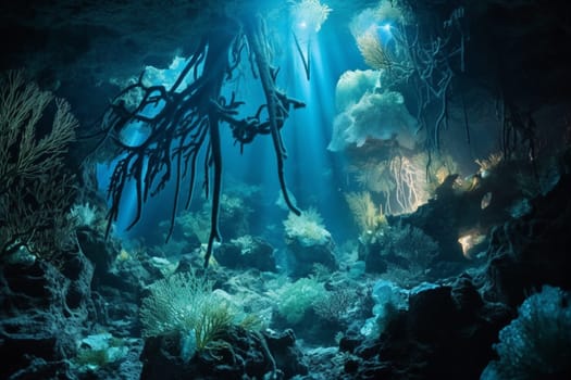 In the depths of the ocean, there is another world that few ever see. This surreal underwater landscape is filled with bioluminescent creatures that glow in the dark waters. Colorful coral formations add to the beauty and otherworldliness of the scene. With sharp focus and high resolution, this scene is a true work of art. (generative AI)
