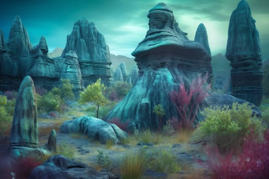A photographer captures the surreal beauty of a landscape that seems plucked from a dream. Towering rock formations dominate the scene, while bioluminescent flora adds an otherworldly quality. The photographer captures the vivid colors and intricate textures of this surreal landscape. (generative AI)