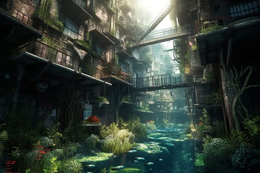 Explore a surreal underwater cityscape nestled amongst the ocean's deep. The photorealistic rendering captures every detail of this fantastical landscape, while the high contrast adds to the otherworldly quality of the scene. (generative AI)
