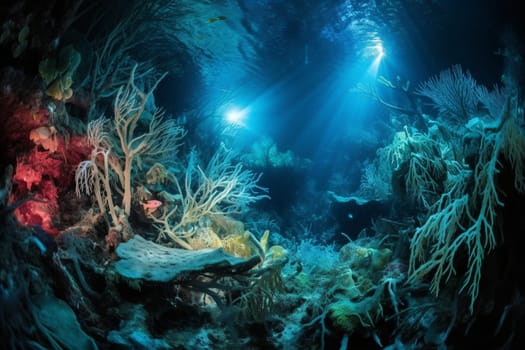 In the depths of the ocean, there is another world that few ever see. This surreal underwater landscape is filled with bioluminescent creatures that glow in the dark waters. Colorful coral formations add to the beauty and otherworldliness of the scene. With sharp focus and high resolution, this scene is a true work of art. (generative AI)