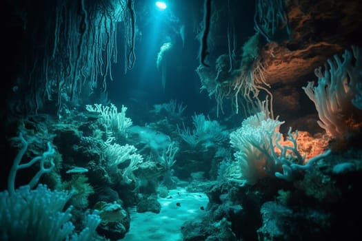 In the depths of the ocean, there is another world that few ever see. This surreal underwater landscape is filled with bioluminescent creatures that glow in the dark waters. Colorful coral formations add to the beauty and otherworldliness of the scene. With sharp focus and high resolution, this scene is a true work of art. (generative AI)