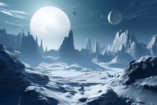 The panoramic imagery of a space voyage to explore the icy rings of an unknown planet. The quality of the photograph is of the highest quality with a sharp focus made to capture the magical essence of travel to the depths of space. (generative AI)