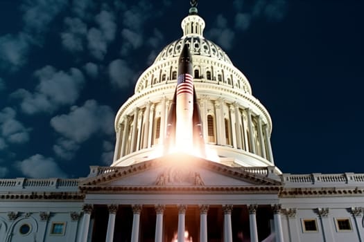 On a distant planet, important government officials embark on a diplomatic mission to establish relationships and trade agreements with the local alien race. The space shuttle launches into the vast, breathtaking expanse of space, carrying the hopes of a new alliance. (generative AI)