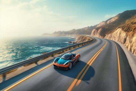 A cutting-edge electric car glides silently along a picturesque coastal highway, its advanced technology and sleek design turning heads as it passes. The car's electric motor produces zero emissions, making it a beacon of sustainable transportation. (generative AI)