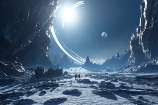 The panoramic imagery of a space voyage to explore the icy rings of an unknown planet. The quality of the photograph is of the highest quality with a sharp focus made to capture the magical essence of travel to the depths of space. (generative AI)