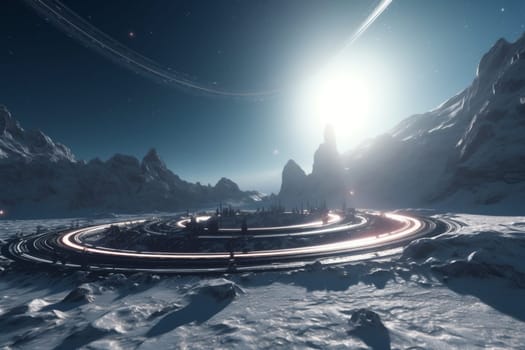 The panoramic imagery of a space voyage to explore the icy rings of an unknown planet. The quality of the photograph is of the highest quality with a sharp focus made to capture the magical essence of travel to the depths of space. (generative AI)