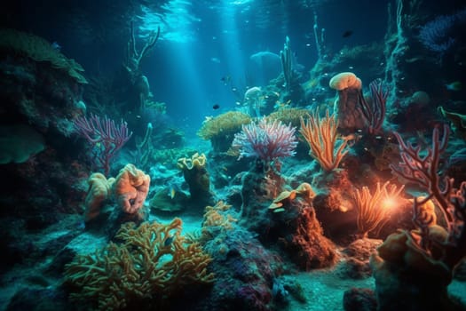In the depths of the ocean, there is another world that few ever see. This surreal underwater landscape is filled with bioluminescent creatures that glow in the dark waters. Colorful coral formations add to the beauty and otherworldliness of the scene. With sharp focus and high resolution, this scene is a true work of art. (generative AI)
