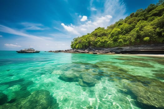 A photographer captures the romance and adventure of a stunning natural archipelago. Crystal-clear waters stretch out to secluded beaches, while the sun-drenched landscape beckons the viewer to escape to paradise. The photographer captures the vivid colors and soft focus of this beautiful tropical landscape, creating a sense of wonder and tranquility. (generative AI)