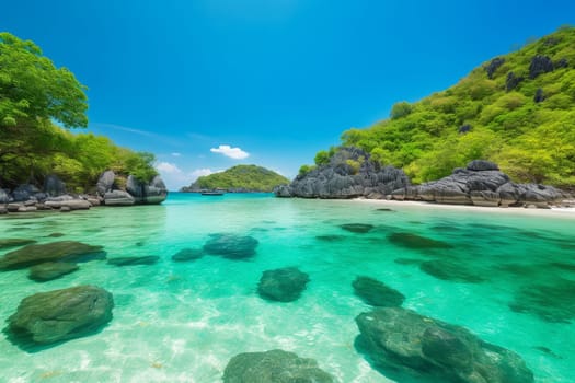 A photographer captures the romance and adventure of a stunning natural archipelago. Crystal-clear waters stretch out to secluded beaches, while the sun-drenched landscape beckons the viewer to escape to paradise. The photographer captures the vivid colors and soft focus of this beautiful tropical landscape, creating a sense of wonder and tranquility. (generative AI)