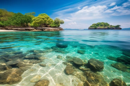 A photographer captures the romance and adventure of a stunning natural archipelago. Crystal-clear waters stretch out to secluded beaches, while the sun-drenched landscape beckons the viewer to escape to paradise. The photographer captures the vivid colors and soft focus of this beautiful tropical landscape, creating a sense of wonder and tranquility. (generative AI)