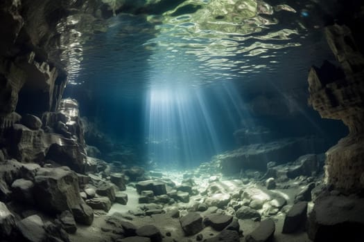 Discover a hidden underwater cave, with natural light shining through the ceiling, illuminating the beautiful scenery. The sharp focus and panoramic perspective of this underwater landscape make it a must-have for landscape photography enthusiasts. (generative AI)