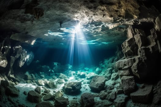 Discover a hidden underwater cave, with natural light shining through the ceiling, illuminating the beautiful scenery. The sharp focus and panoramic perspective of this underwater landscape make it a must-have for landscape photography enthusiasts. (generative AI)