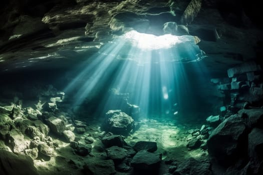 Discover a hidden underwater cave, with natural light shining through the ceiling, illuminating the beautiful scenery. The sharp focus and panoramic perspective of this underwater landscape make it a must-have for landscape photography enthusiasts. (generative AI)