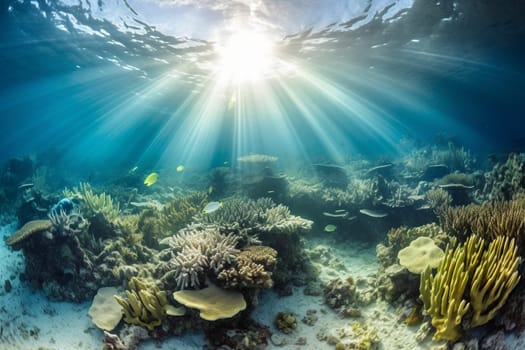 Capture the beauty of the underwater world as rays of sunlight shine through a vibrant coral reef below. The sharp focus and panoramic perspective make this stunning landscape a must-have for landscape photography enthusiasts. (generative AI)