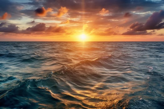 This beautiful scene captures a stunning sunset over the sea, with dramatic clouds and a colorful sky. The vivid colors and photorealistic detail make it truly breathtaking, while the panoramic view offers a sense of scale and majesty. (generative AI)