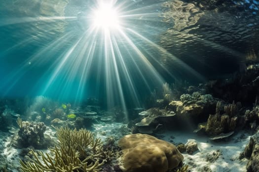 Capture the beauty of the underwater world as rays of sunlight shine through a vibrant coral reef below. The sharp focus and panoramic perspective make this stunning landscape a must-have for landscape photography enthusiasts. (generative AI)