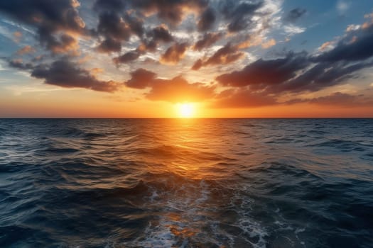 This beautiful scene captures a stunning sunset over the sea, with dramatic clouds and a colorful sky. The vivid colors and photorealistic detail make it truly breathtaking, while the panoramic view offers a sense of scale and majesty. (generative AI)