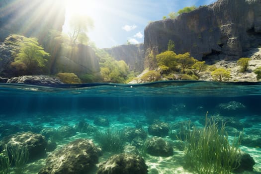 Experience the ultimate tropical paradise in this beautiful lagoon, where crystal-clear waters lap against the shores of an idyllic island. Towering cliffs create a dramatic backdrop, while an expansive coral reef surrounds the sandy coves, providing a kaleidoscope of color and life beneath the surface. (generative AI)