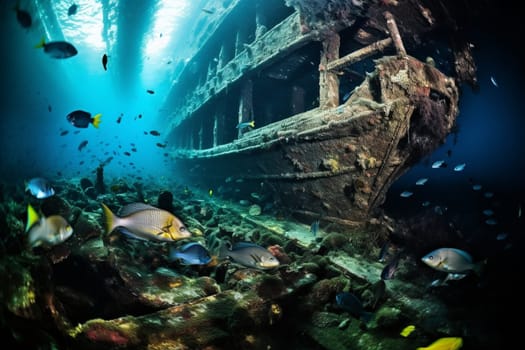 A photographer dives beneath the waves to capture the haunting beauty of a sunken shipwreck. The scene is teeming with life, with a school of fish swimming around the rusting hull. The photographer captures the vivid colors and intricate details of this underwater treasure, with its high contrast and sharp focus. (generative AI)