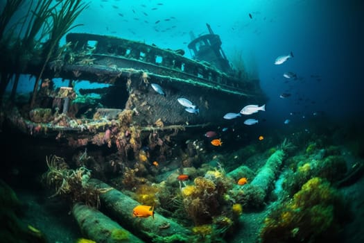A photographer dives beneath the waves to capture the haunting beauty of a sunken shipwreck. The scene is teeming with life, with a school of fish swimming around the rusting hull. The photographer captures the vivid colors and intricate details of this underwater treasure, with its high contrast and sharp focus. (generative AI)