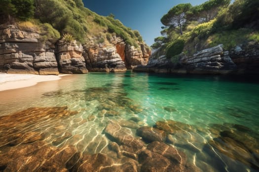 In a hidden cove, you'll find tranquility and peace in an otherwise chaotic world. The crystal clear waters lap gently against the golden sand, creating a serene and calming environment. With its sharp focus and high resolution, this photorealistic depiction captures every detail perfectly. Warm tones and lovely contrast make this scene especially appealing. (generative AI)