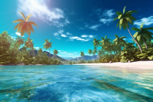 The crystal-clear blue waters and pristine white sand beaches of this tropical paradise are like nothing ever seen before. The vibrant colors of the landscape create a bright and dynamic scene, highlighted by the clear and sharp focus of the wide-angle composition. (generative AI)