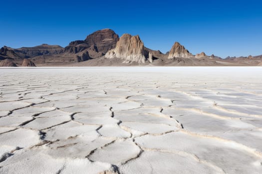 Discover a hauntingly beautiful landscape of cracked and barren salt flats, surrounded by towering cliffs that shield the horizon. The stark and desolate scene is a world apart from the surrounding ocean, yet it is strikingly beautiful in its own right. (generative AI)